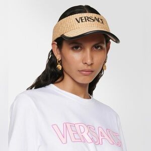 VERSACE NEW Leather-Trimmed Embroidered Raffia Visor - Beige/Black 58
